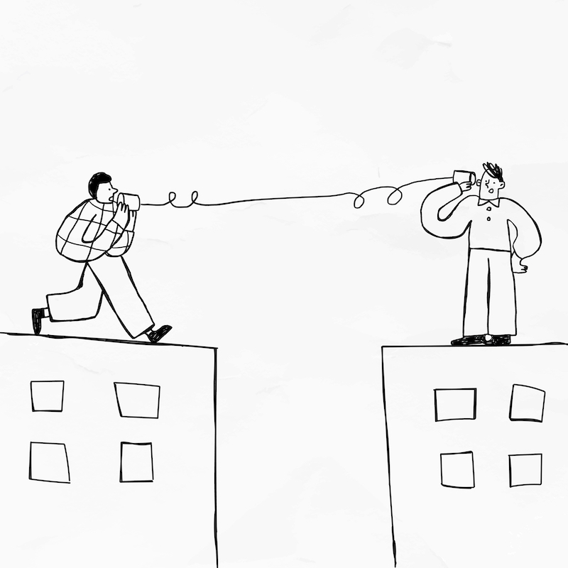 Men talking with cup telephone while in social isolation vector